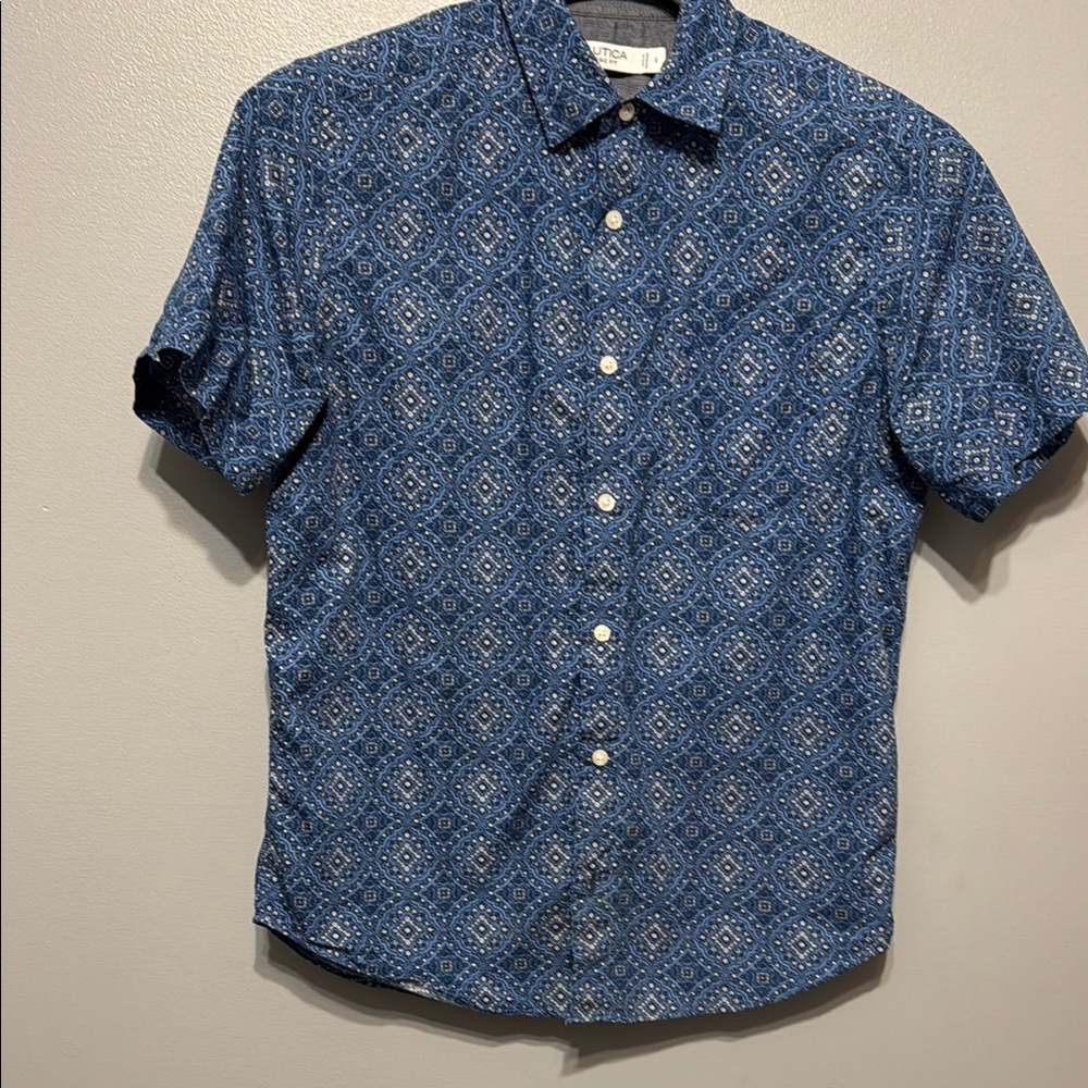 Nautica Blue Geometric Casual Button Down Shirt